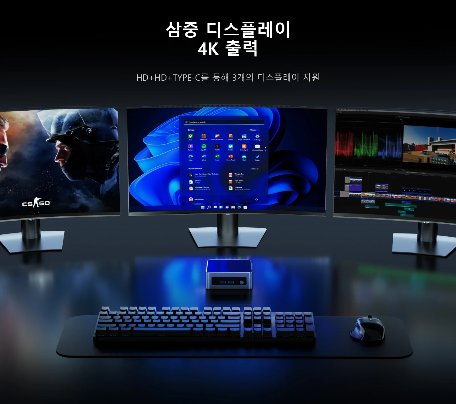 Chatreey AN2P 미니 PC는 2개의 HDMI 포트와 1개의 TYPE-C 포트를 갖추고 있으며, 트리플 모니터 4K 디스플레이를 지원합니다.