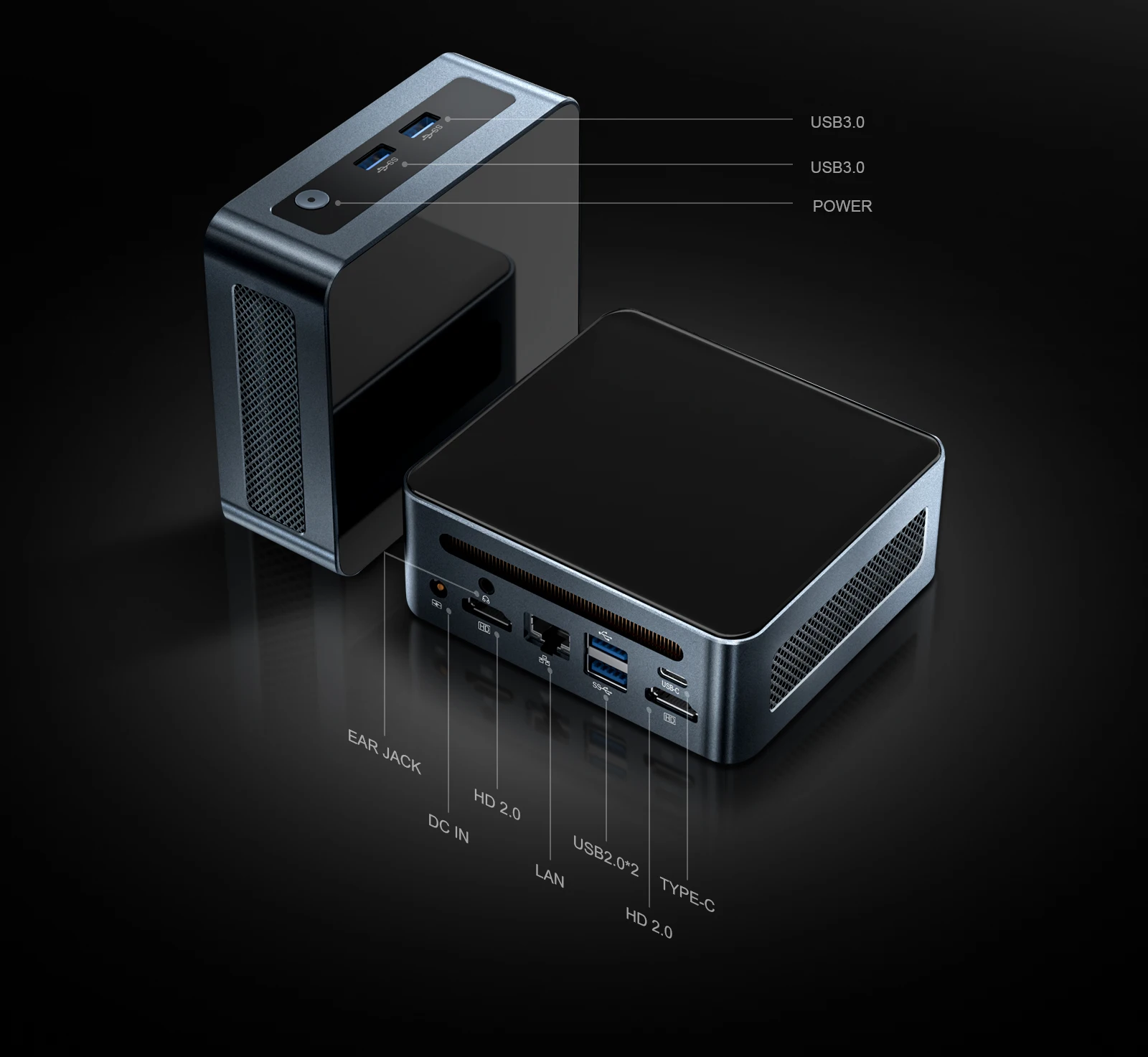 Chatreey AN2P 미니 PC는 전면에 USB 3.0 포트 2개, 후면에 USB 2.0 포트 2개, HDMI 포트 2개, TYPE-C 포트 1개, 그리고 기가비트 이더넷 포트 1개를 갖추고 있습니다. 다양한 사용 환경에 맞춰 폭넓은 인터페이스를 제공합니다.